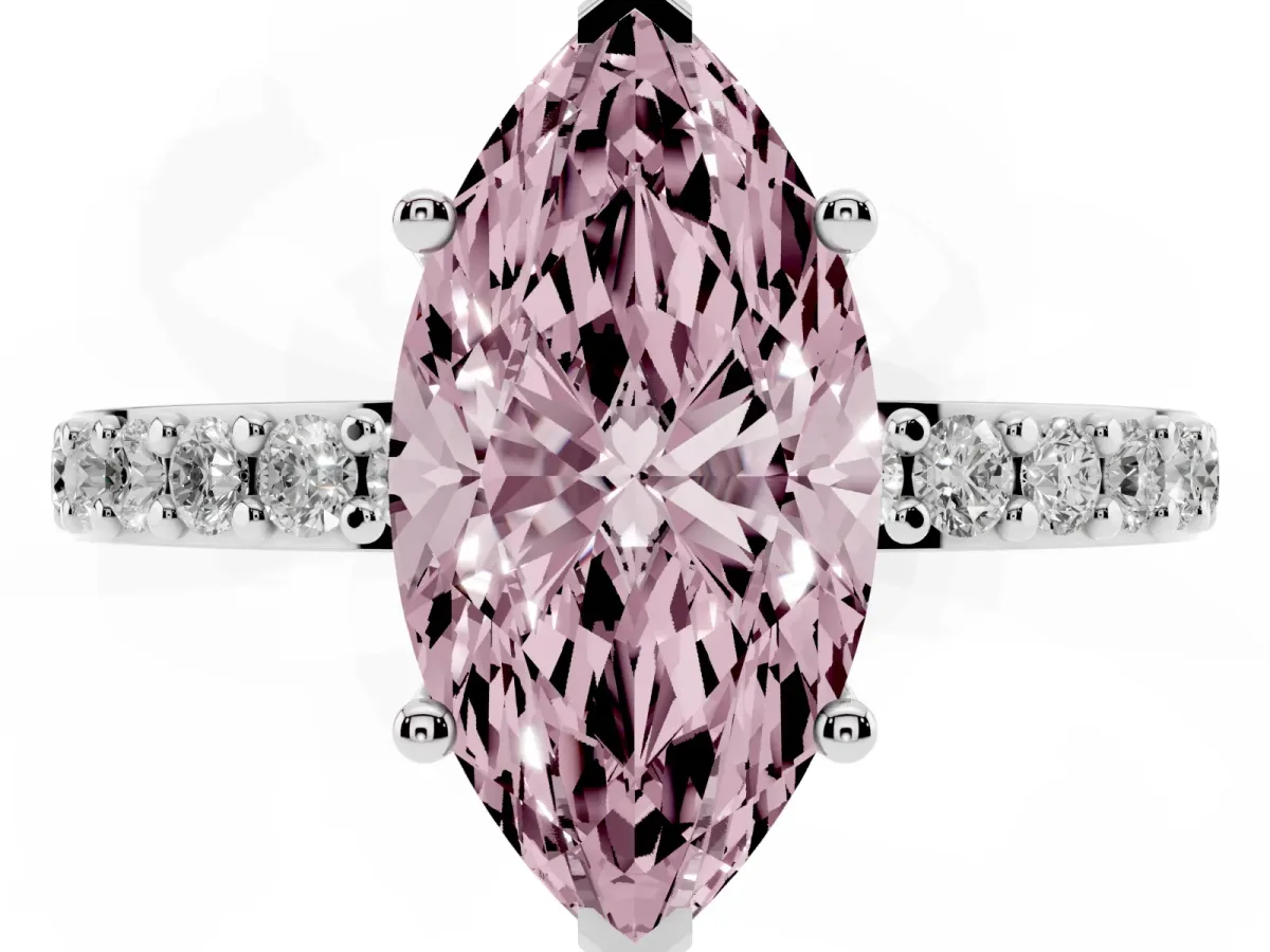 Fancy Pink Marquise Cut Cut Diamond Solitaire with Pave Band and Four-Prong Setting Silver