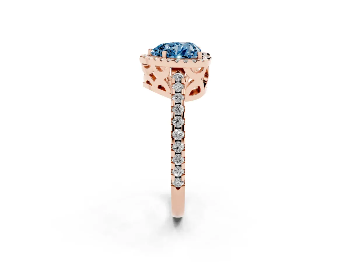Fancy Blue Heart Cut Diamond Halo Engagement Ring with Pavé Band and Prong Setting Rose gold