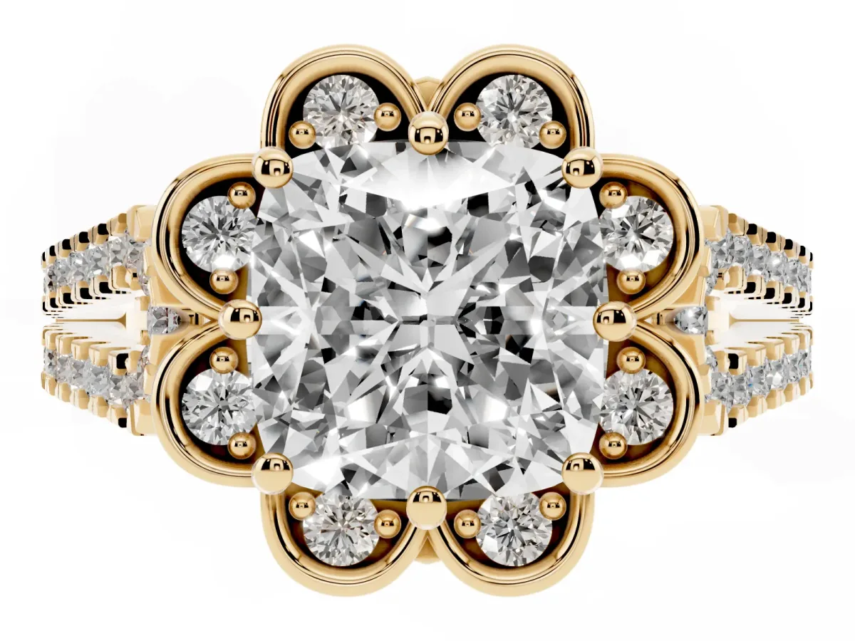 Cushion Cut Halo Diamond Floral Split Shank Engagement Ring Yellow gold