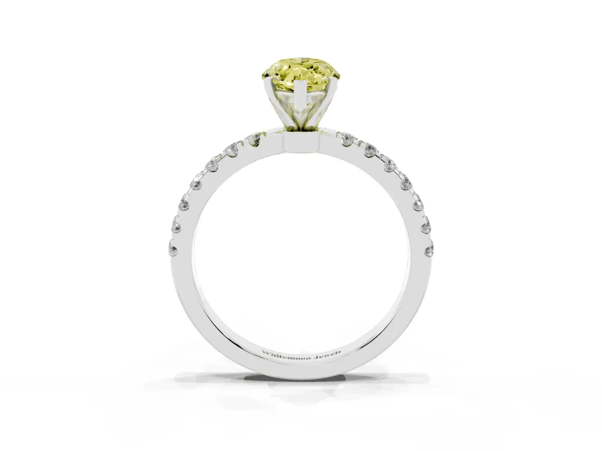 Fancy Yellow Marquise Cut Diamond Solitaire Ring with Pavé Accents and Four-Prong Setting Silver