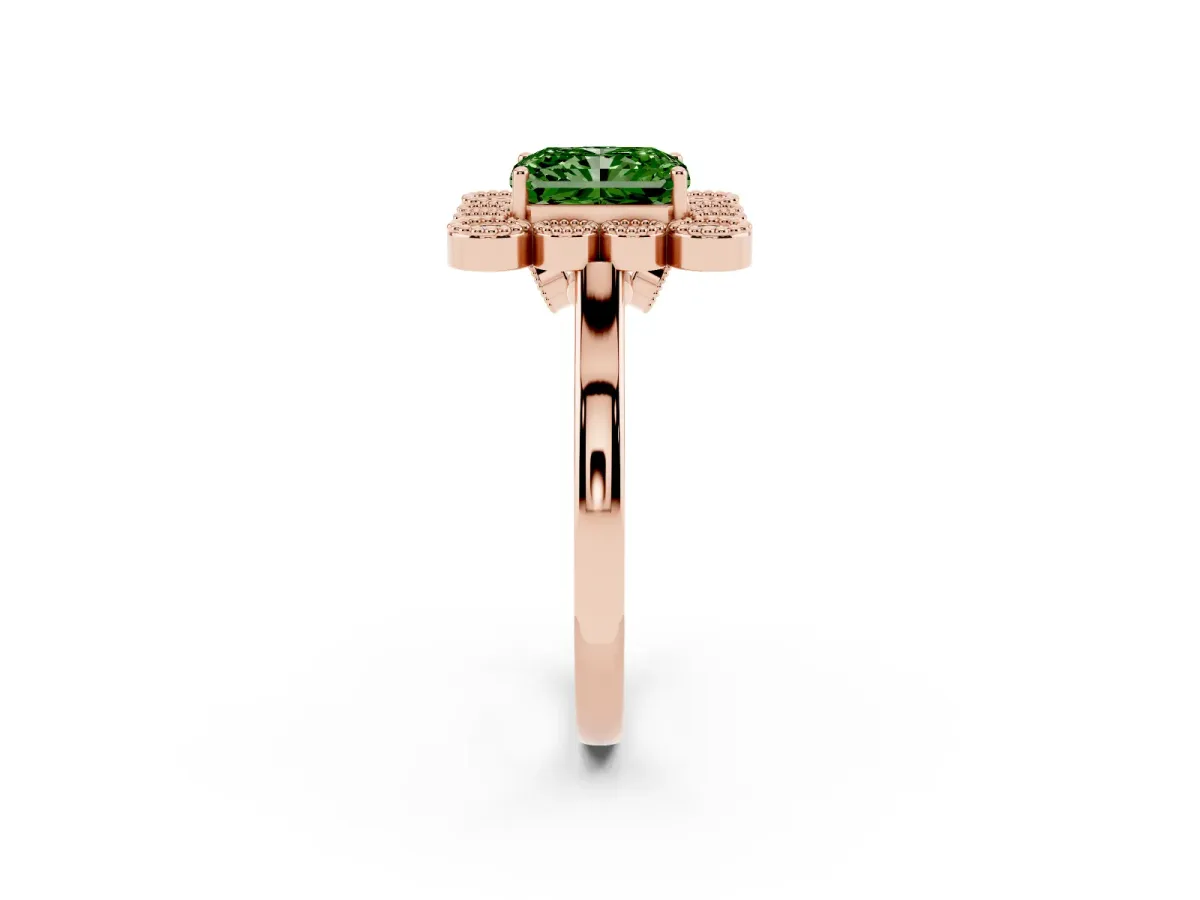 Fancy Green Radiant Cut Halo Diamond Cluster Engagement Ring with Milgrain Bezel Setting and Solitaire Band Rose gold