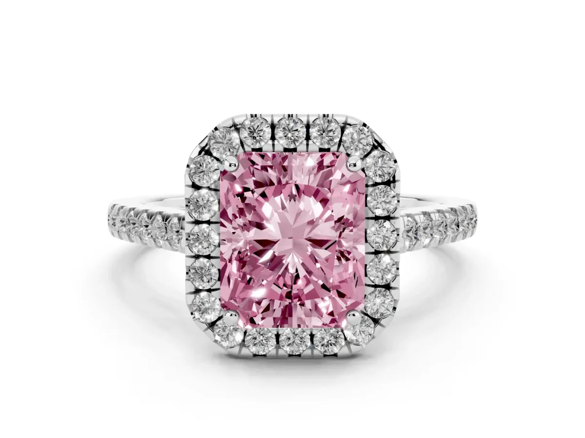 Fancy Pink Radiant Cut Halo Pavé Diamond Engagement Ring with Four-Prong Setting Silver