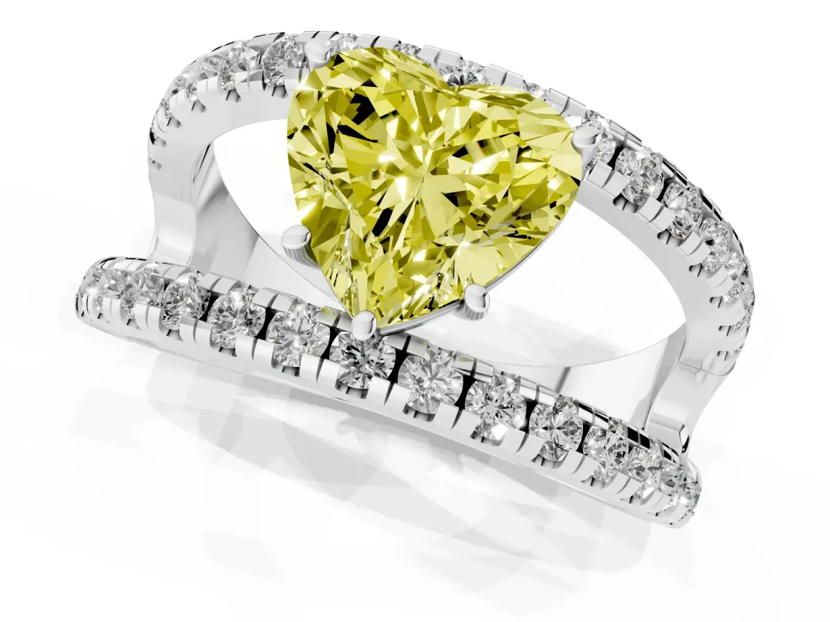 Fancy Yellow Heart Cut Solitaire Split Shank Pave Diamond Ring Platinum