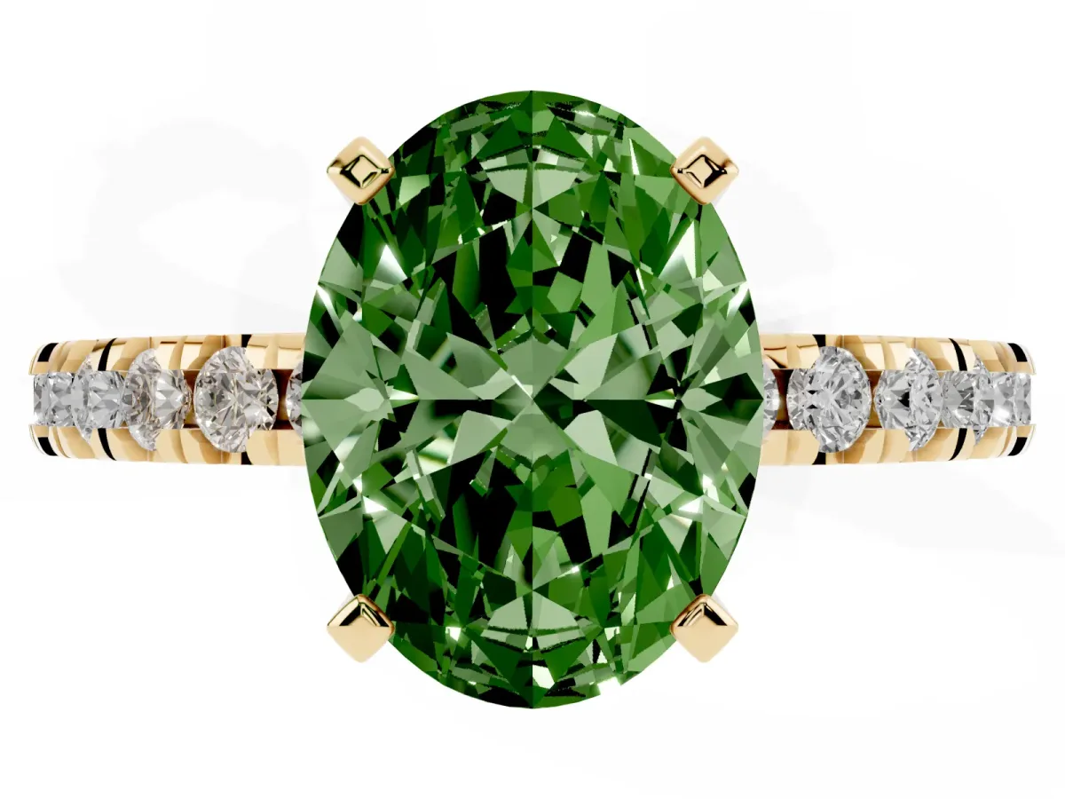 Fancy Green Oval Cut Diamond Pavé Band Solitaire with Four-Prong Setting Yellow gold