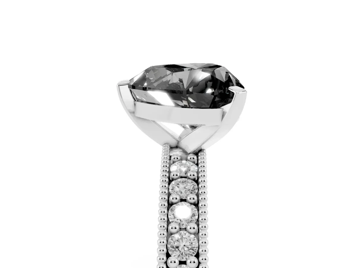 Fancy Black Heart Cut Diamond Milgrain Pavé Engagement Ring with Four-Prong Setting Silver