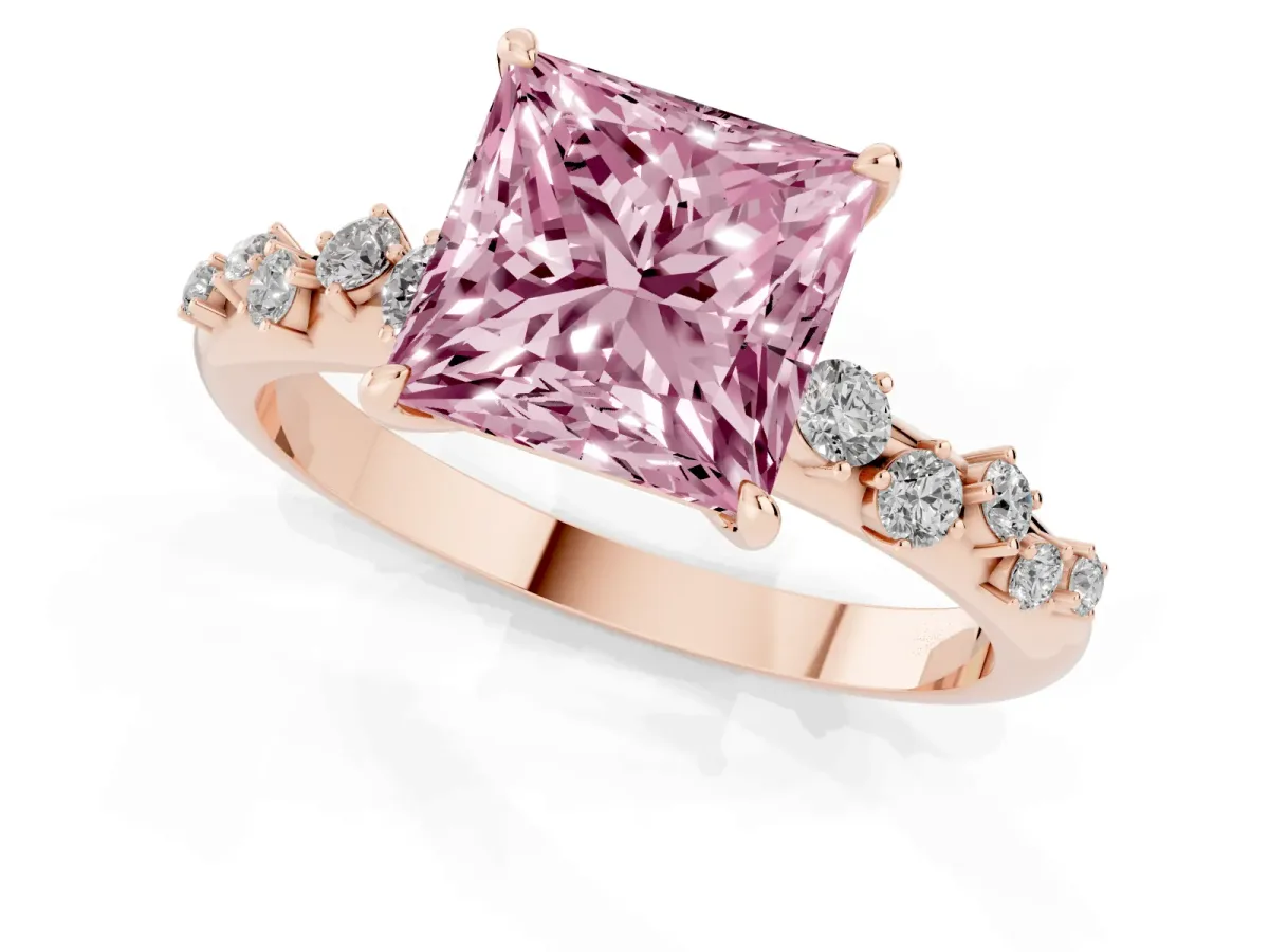 Fancy Pink Princess Cut Diamond Cluster Prong-Set Solitaire Ring Rose gold