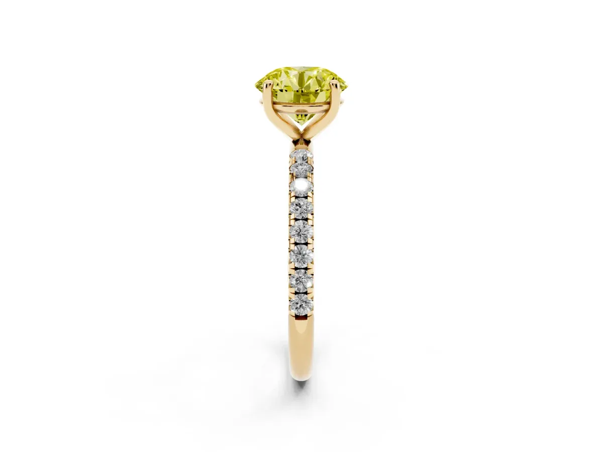 Fancy Yellow Round Cut Cut Diamond Solitaire Ring with Micro Pave Band and Four Prong Setting Yellow gold