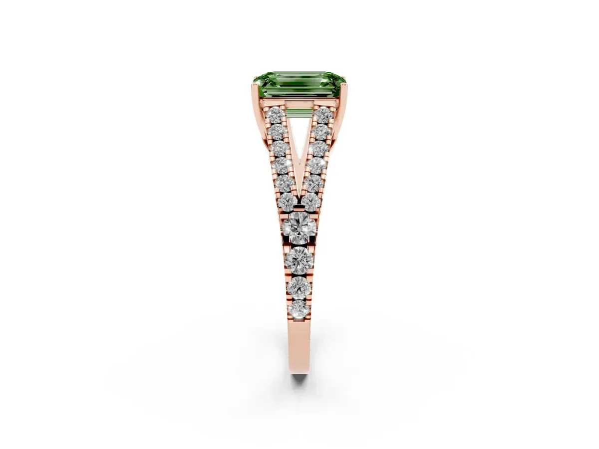 Fancy Green Emerald Cut Diamond Split Shank Pavé Engagement Ring with Four-Prong Setting Rose gold
