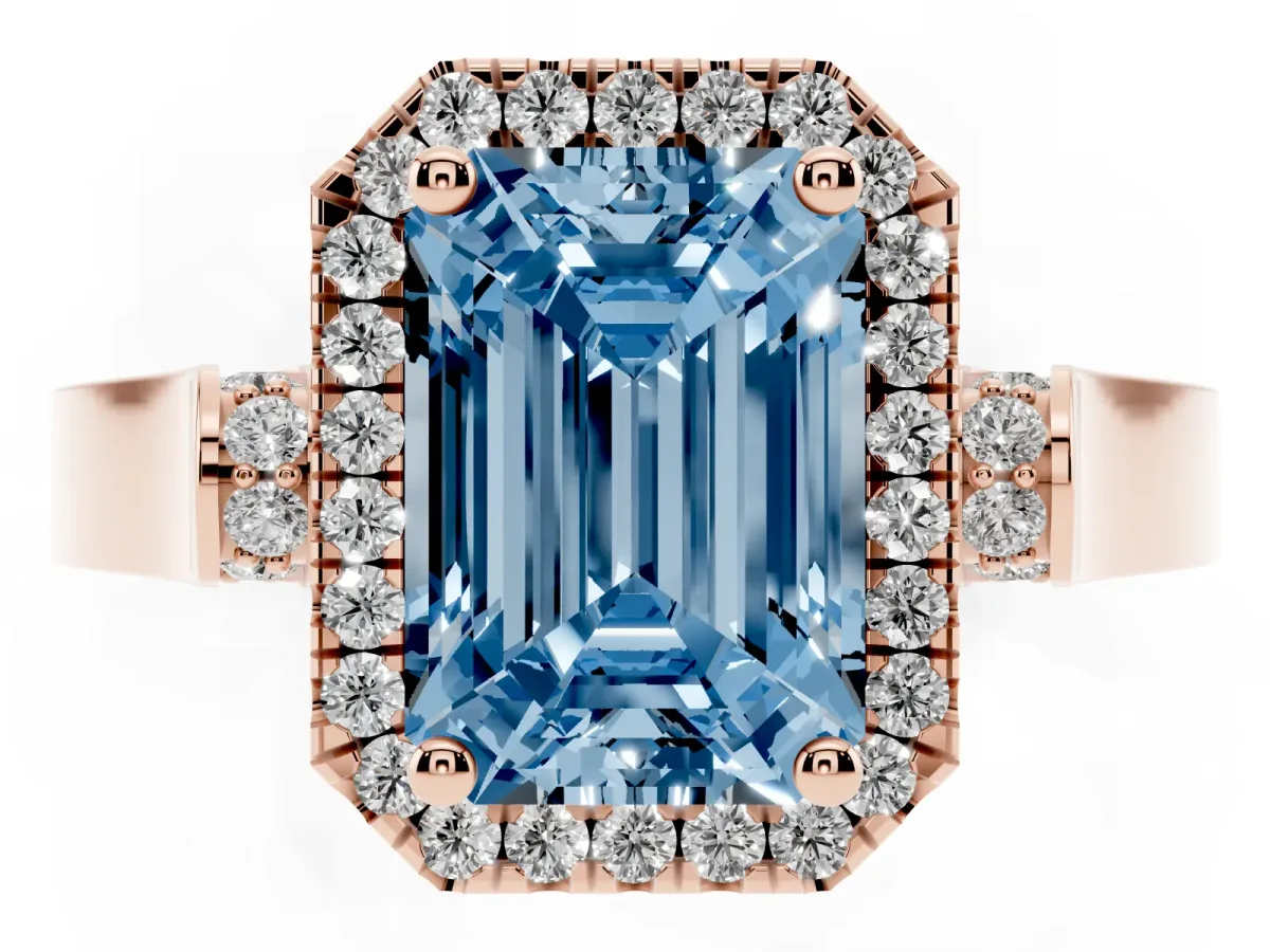 Fancy Blue Emerald Cut Halo Round Diamond Twist Band with Four-Prong Setting Rose gold