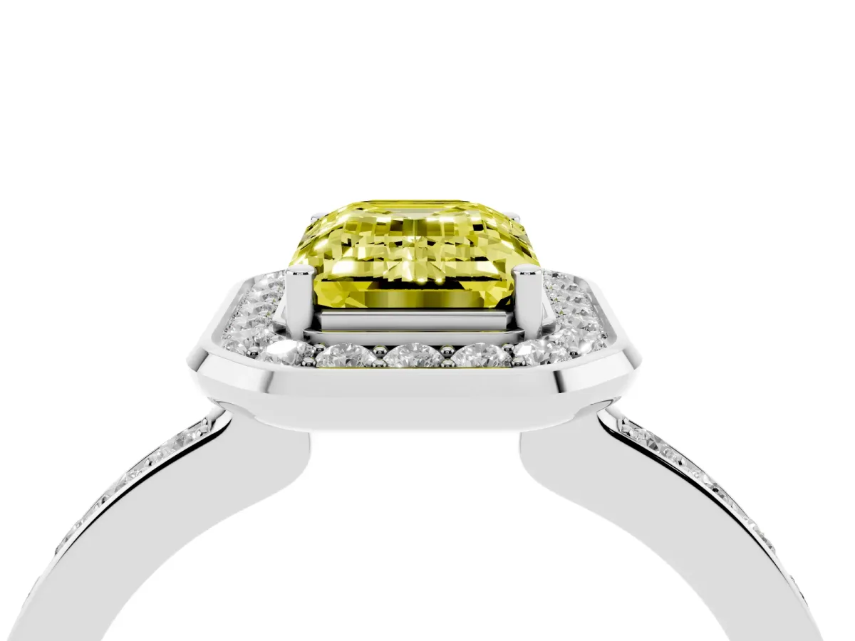 Fancy Yellow Emerald Cut Diamond Halo Ring with Bezel Frame and Pavé Band Silver