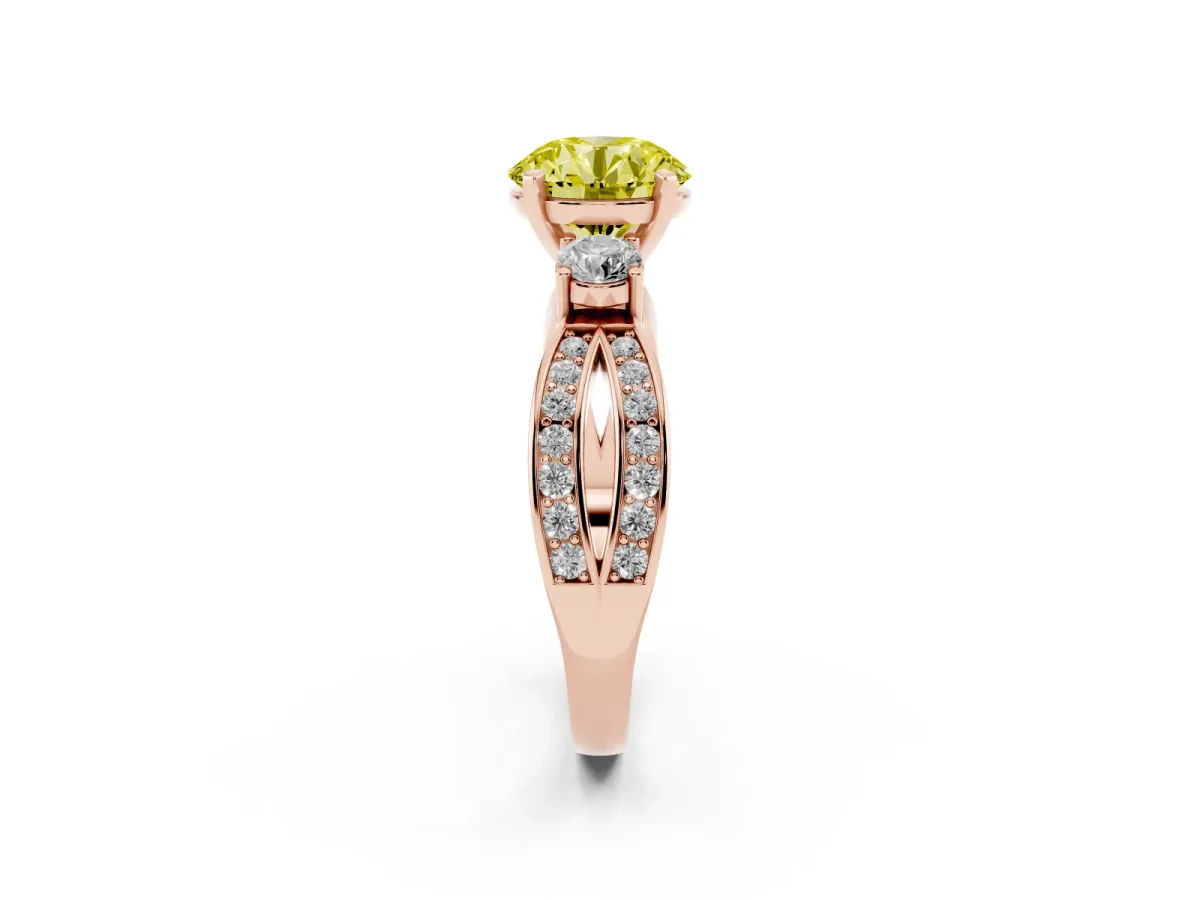 Fancy Yellow Three-Stone Round Cut Cut Diamond Twist Band with Prong Setting Rose gold