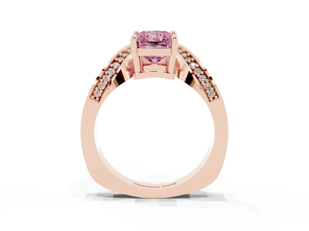 Fancy Pink Radiant Cut Solitaire Diamond Engagement Ring with Pave Band and Four-Prong Setting Rose gold