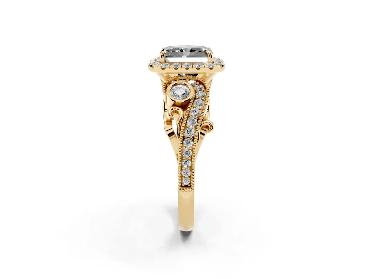 Fancy Black Radiant Cut Halo Diamond Ring with Milgrain and Bezel Accents on a Split Shank Band Yellow gold