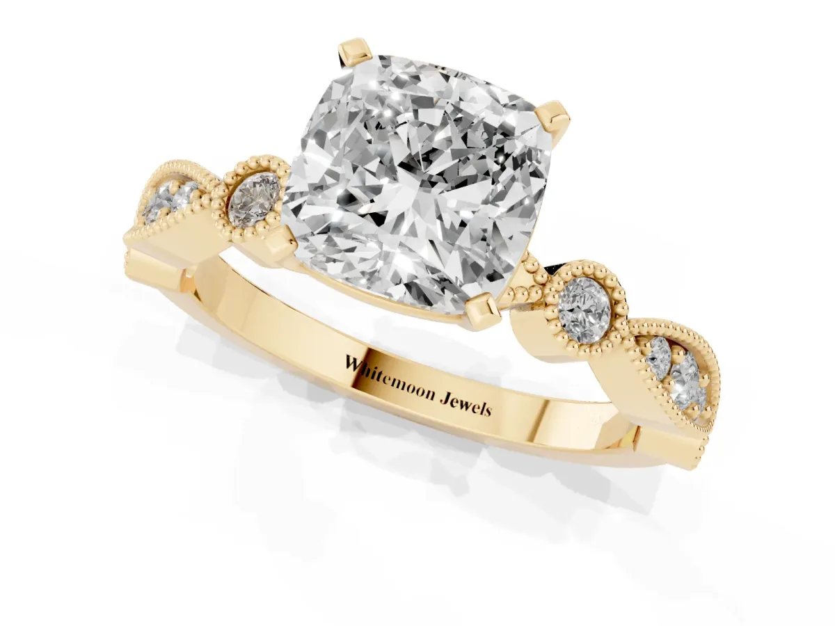 Cushion Cut Milgrain Bezel Diamond Engagement Ring with Solitaire Prong Setting Yellow gold