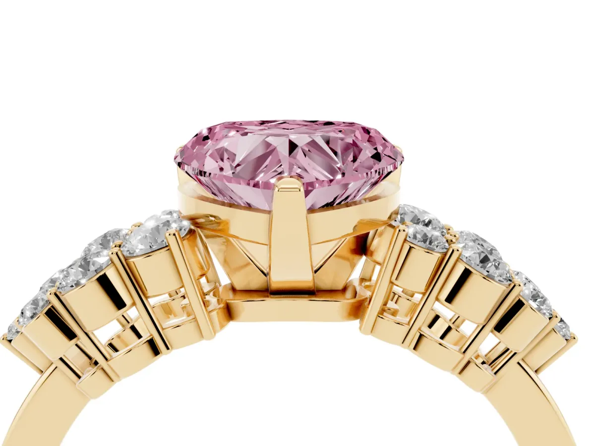 Fancy Pink Heart Cut Cluster Diamond Engagement Ring with Pavé Band and Four-Prong Setting Yellow gold
