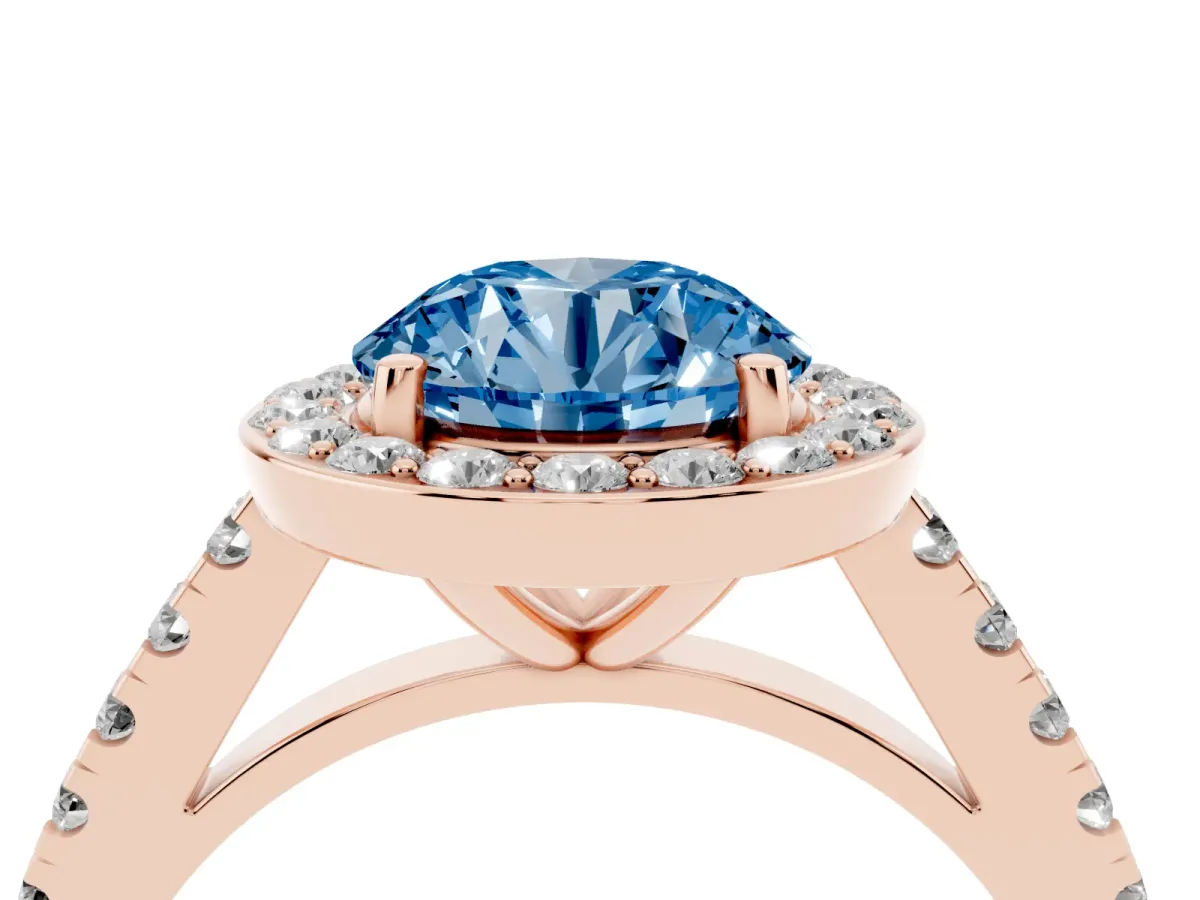 Fancy Blue Round Cut Diamond Halo Ring with Round Pavé Split Shank and Prong Setting Rose gold