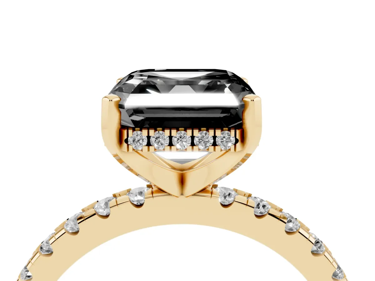 Fancy Black Asscher Cut Diamond Solitaire Ring with Round Pavé Band and Four-Prong Setting Yellow gold