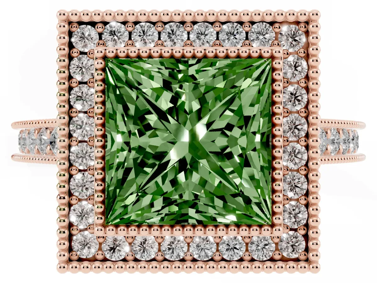 Fancy Green Halo Princess Cut-Cut Diamond Pave Band Milgrain Prong Setting Ring Rose gold