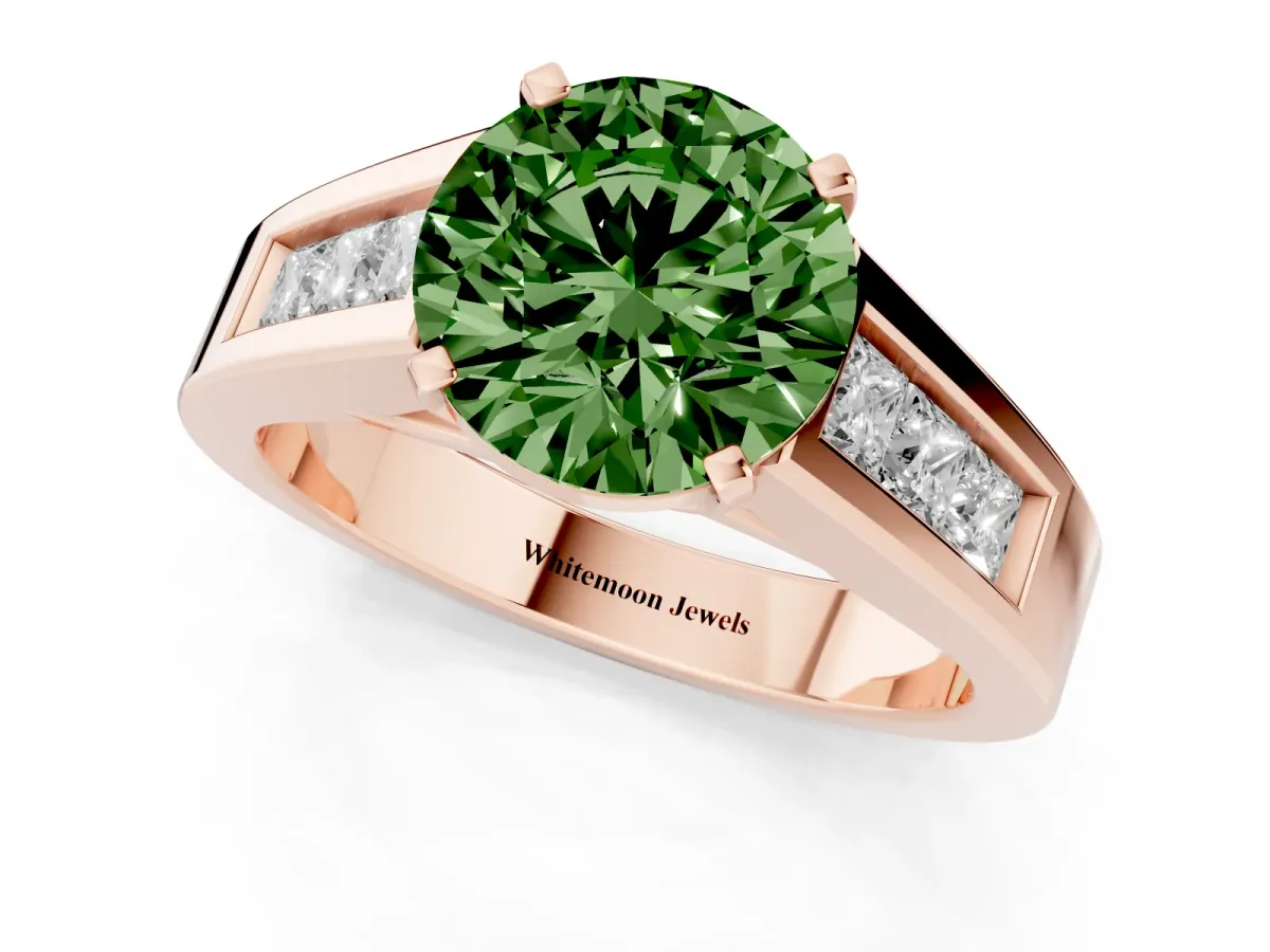 Fancy Green Round Cut Cut Channel Set Solitaire Ring with Four-Prong Setting Rose gold