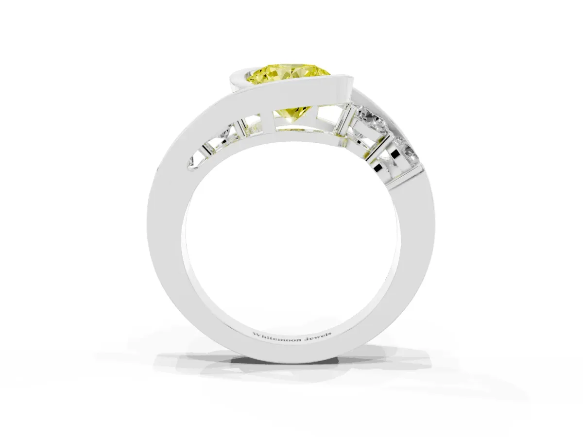 Fancy Yellow Bezel Set Round Cut Diamond Bypass Ring with Round Accents Silver