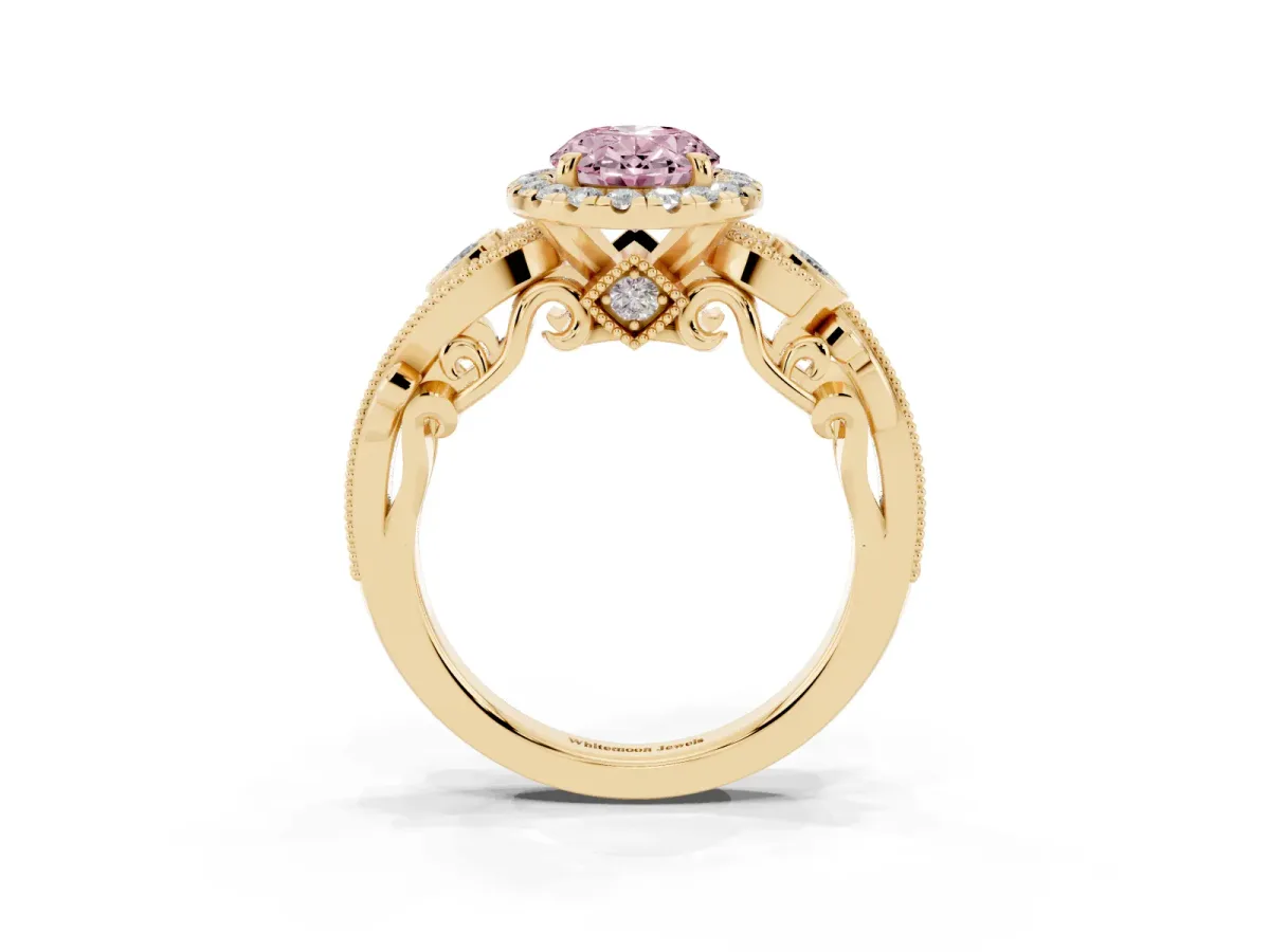 Fancy Pink Oval Cut Diamond Halo Ring with Milgrain Pavé Band and Four-Prong Setting Yellow gold