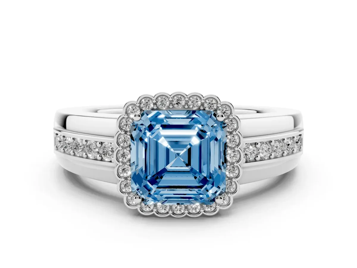 Fancy Blue Asscher Cut Cut Halo Pave Band Four-Prong Ring Silver