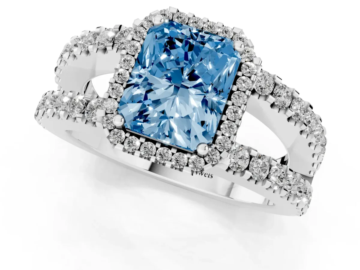 Fancy Blue Radiant Cut Cut Halo Split Shank Diamond Ring with Four-Prong Setting Platinum