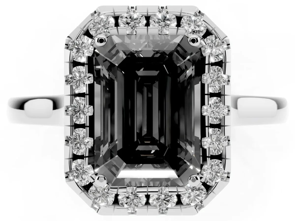 Fancy Black Emerald Cut Halo Round Diamond Solitaire Ring with Pavé Band and Four-Prong Setting Silver