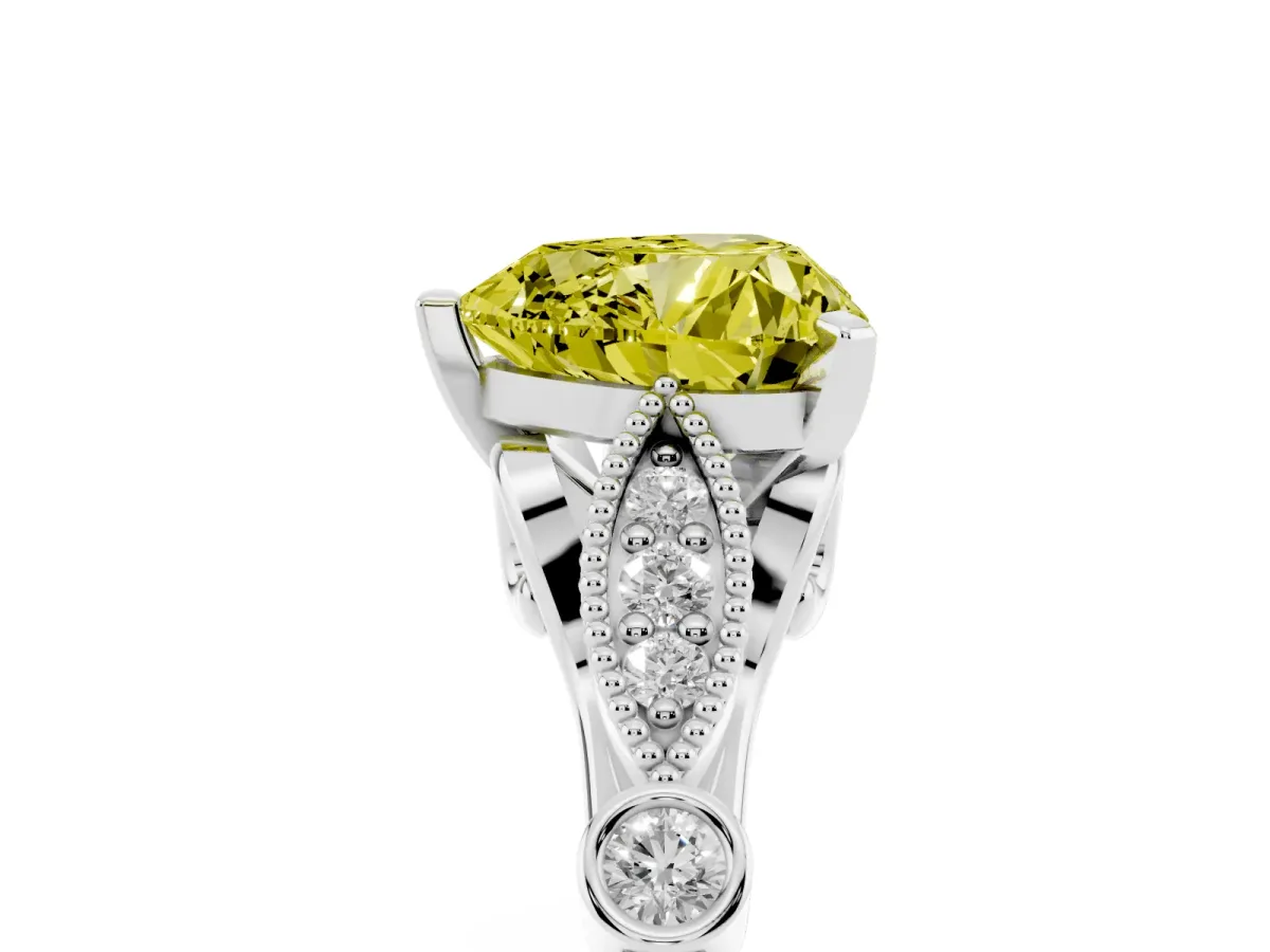 Fancy Yellow Heart Cut Cut Diamond with Milgrain Marquise and Bezel Accents on a Solitaire Band with Prong Setting White gold