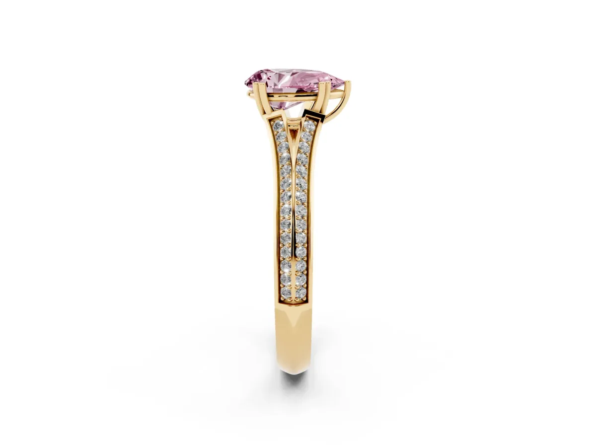 Fancy Pink Pear Cut Diamond Split Shank Engagement Ring with Pavé Band Yellow gold