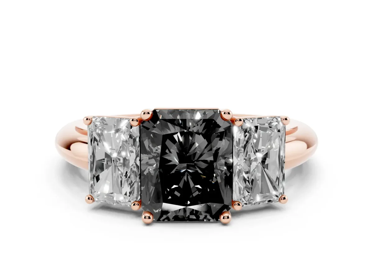 Fancy Black Three-Stone Radiant Cut Cut Diamond Engagement Ring with Prong Setting on a White Gold Band Rose gold