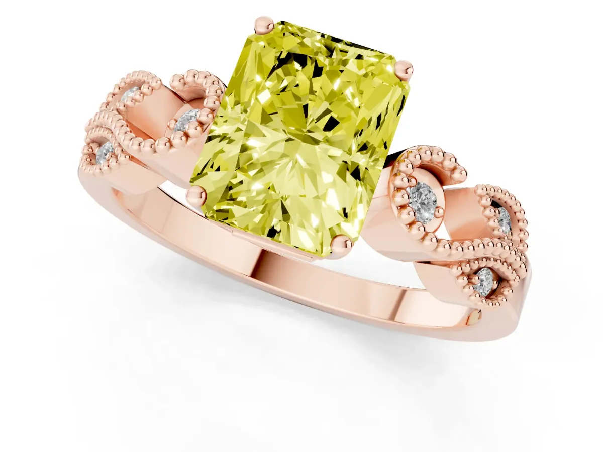 Fancy Yellow Princess Cut Solitaire Milgrain Leaf Band with Prong Setting Rose gold