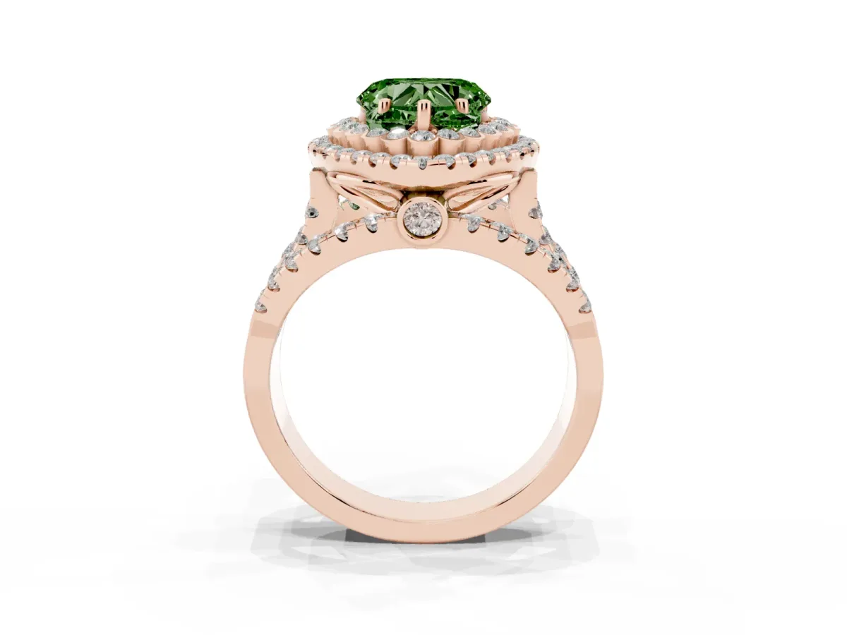Fancy Green Heart Cut Diamond Double Halo Ring with Round Pavé Split Shank and Prong Setting Rose gold