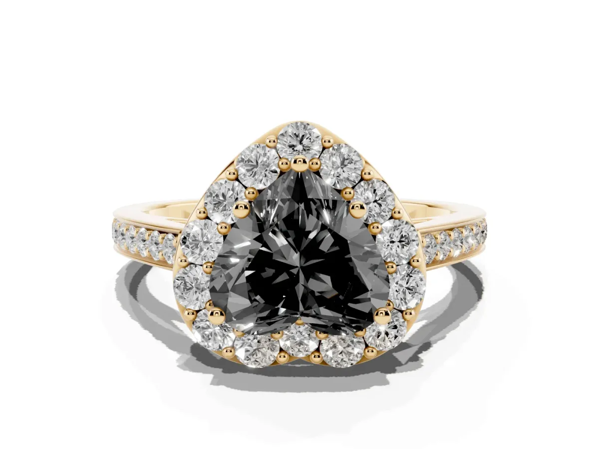 Fancy Black Heart Cut Diamond Floral Halo Ring with Pavé Band and Prong Setting Yellow gold