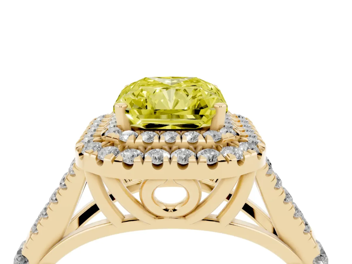 Fancy Yellow Radiant Cut Diamond Double Halo Ring with Split Shank and Prong Setting Yellow gold