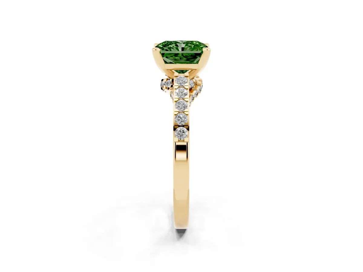 Fancy Green Radiant Cut Diamond Solitaire Ring with Crossover Gallery and Round Pavé Band Yellow gold