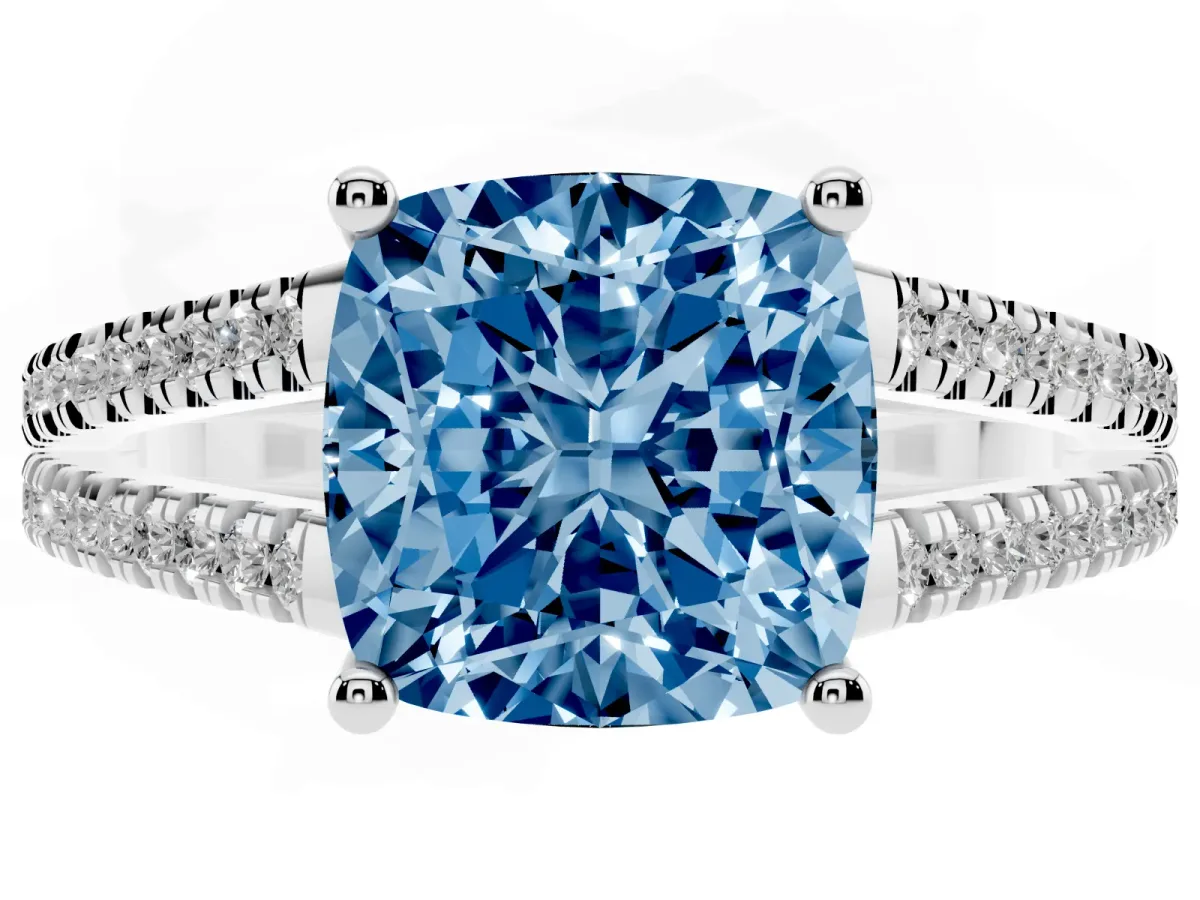 Fancy Blue Cushion Cut Diamond Solitaire Engagement Ring with Split Shank Pavé Band Platinum
