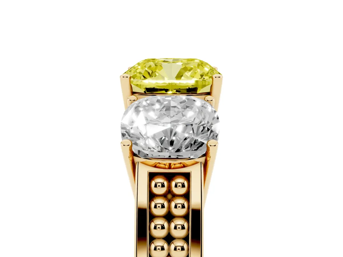 Fancy Yellow Cushion Cut Diamond Three-Stone Ring with Prong Setting and Textured Band Yellow gold
