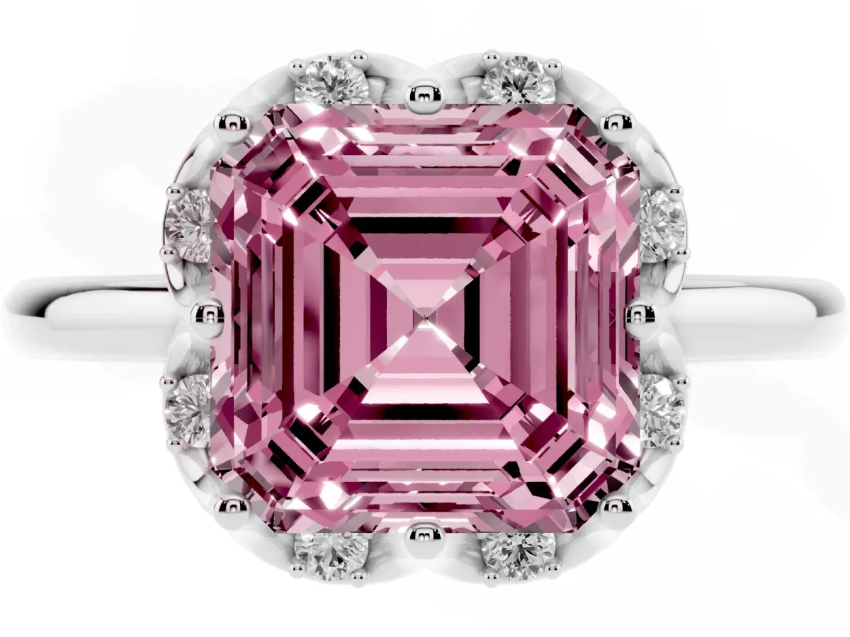 Fancy Pink Asscher Cut Halo Diamond Ring with Round Cluster Setting, Solitaire Band, and Four-Prong Setting Silver