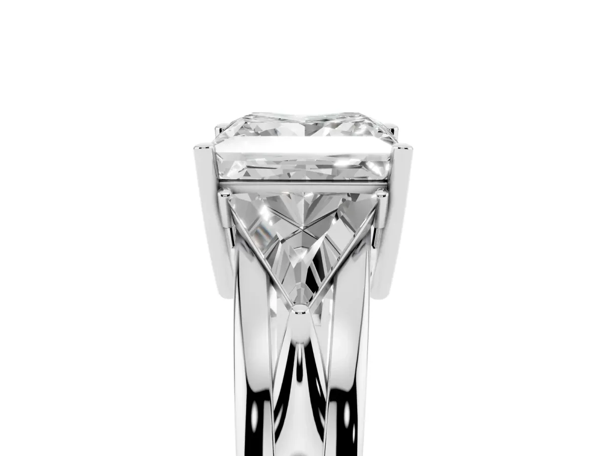 Three-Stone Princess Cut Cut Diamond Ring with Trillion Side Stones on a Split Shank Band Silver