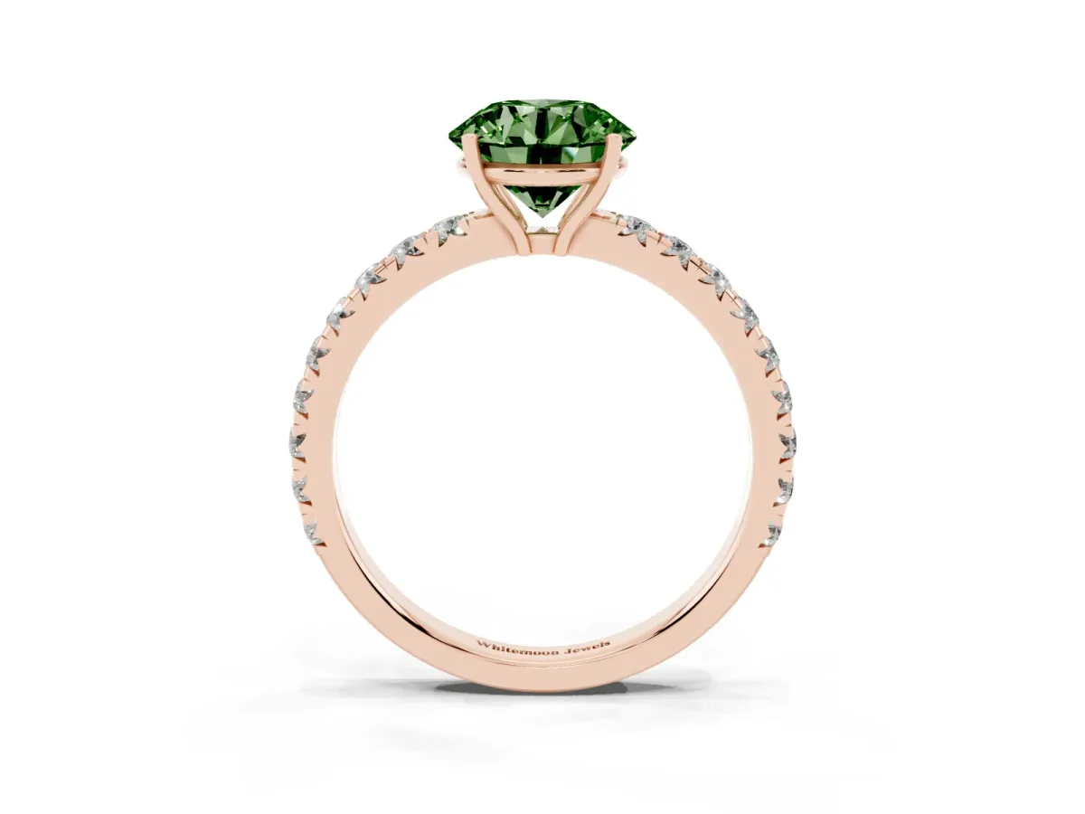 Fancy Green Round Cut Diamond Pavé Solitaire Engagement Ring with Four-Prong Setting Rose gold