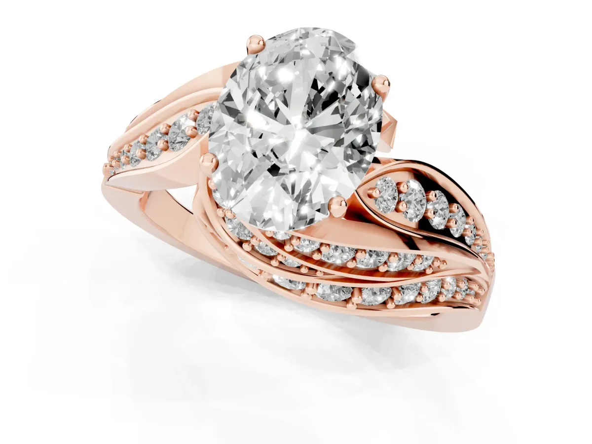 Oval Cut Diamond Solitaire Ring with Prong Setting and Twisted Pavé Band Rose gold