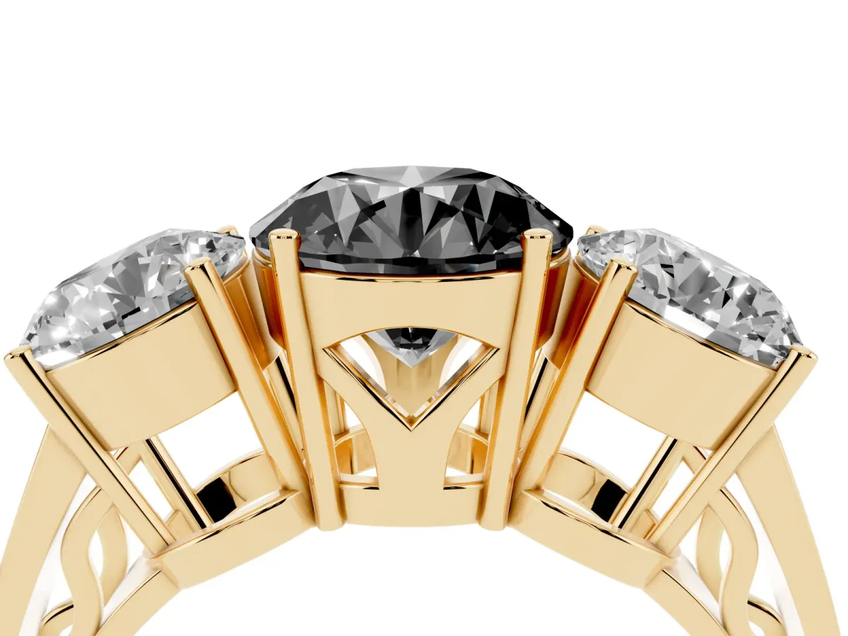 Fancy Black Round Cut Diamond Three-Stone Ring with Prong Setting and Textured Band Yellow gold