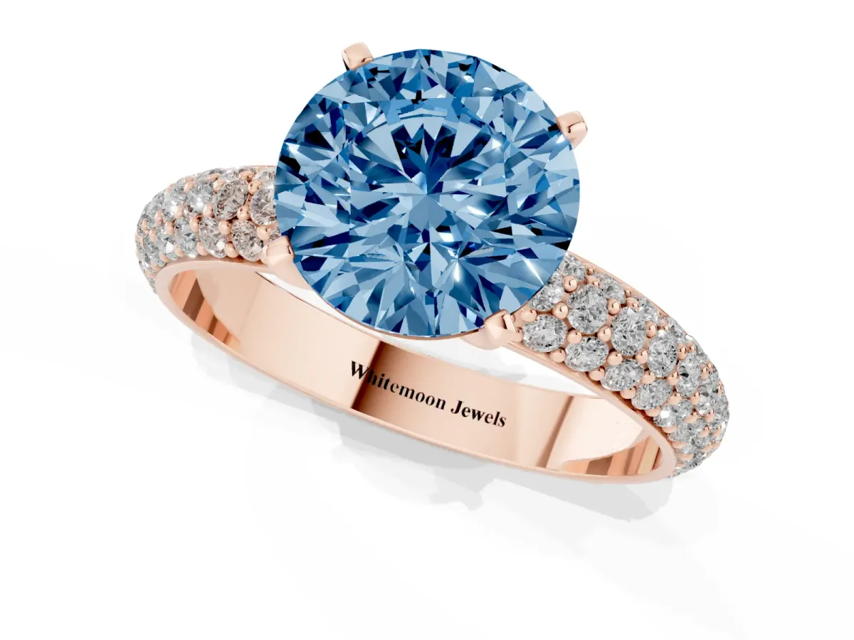 Fancy Blue Round Cut Diamond Solitaire Ring with Prong Setting and Pavé Band Rose gold