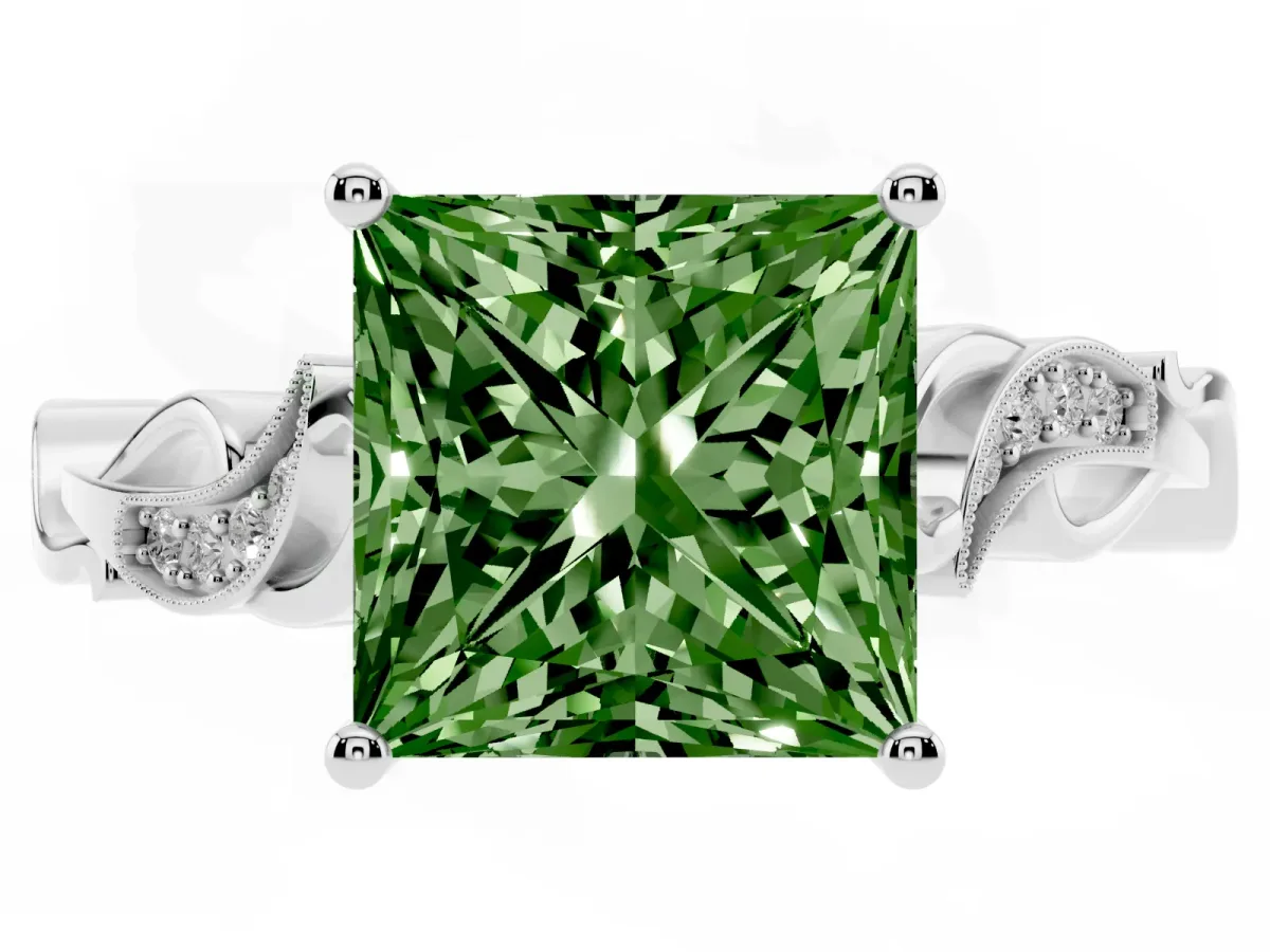 Fancy Green Princess Cut Solitaire Vine Band with Milgrain Prong Setting Silver