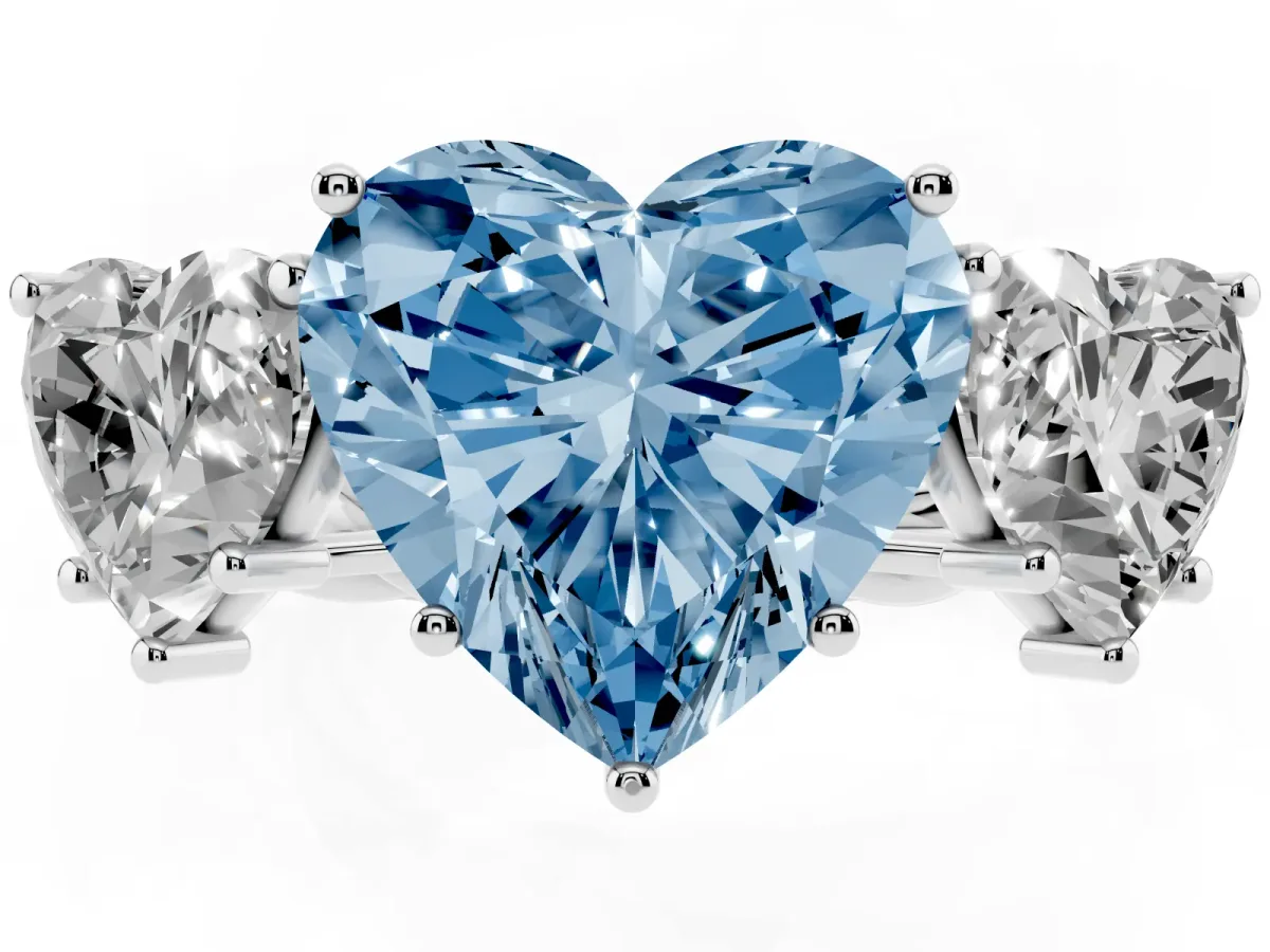 Fancy Blue Three-Stone Heart Cut Diamond Braided Band Ring with Four-Prong Setting Platinum