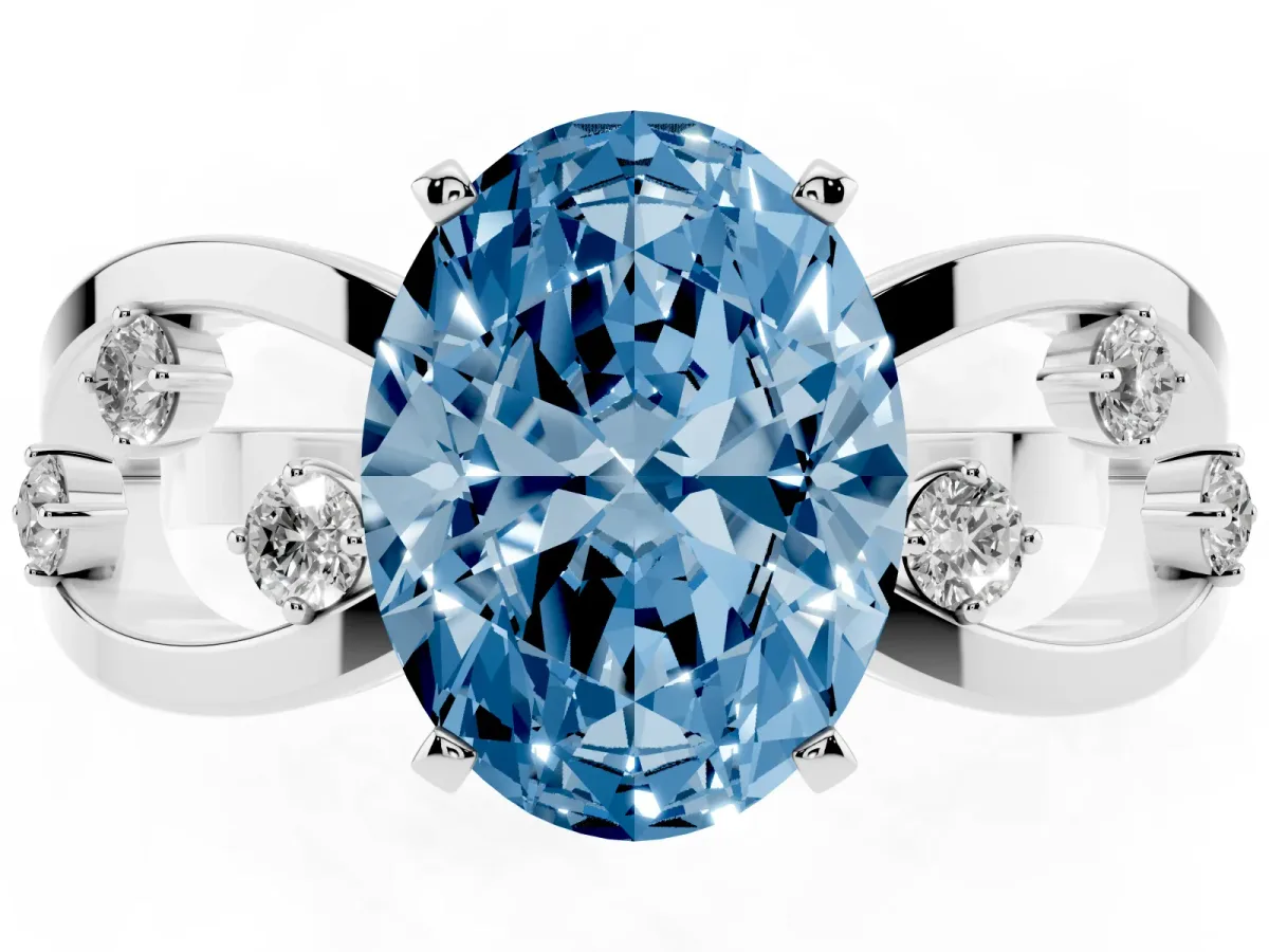 Fancy Blue Oval Cut Cut Solitaire Diamond with Side Stones on Criss-Cross Band and Four-Prong Setting Silver
