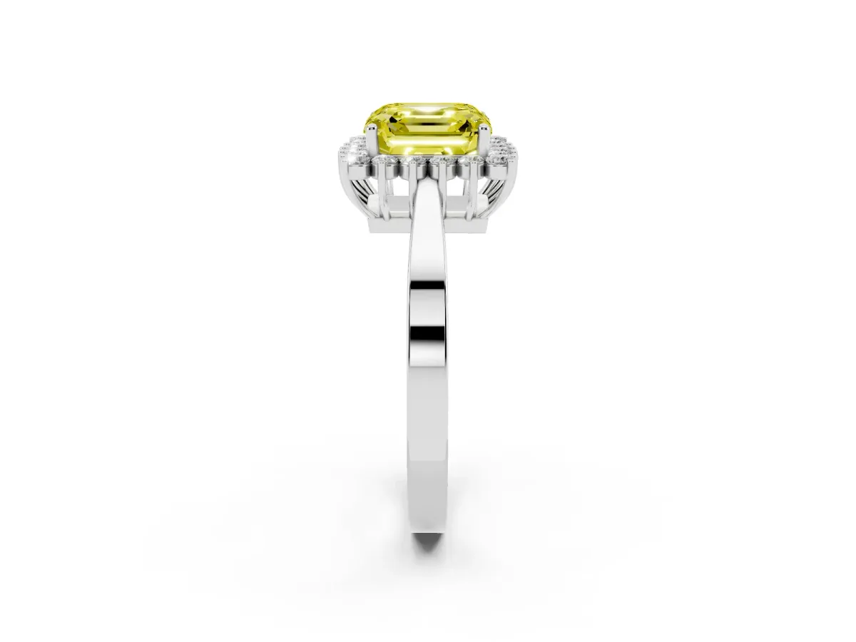 Fancy Yellow Asscher Cut Cut Diamond Halo Ring with Round Brilliant Halo and Solitaire Band Silver