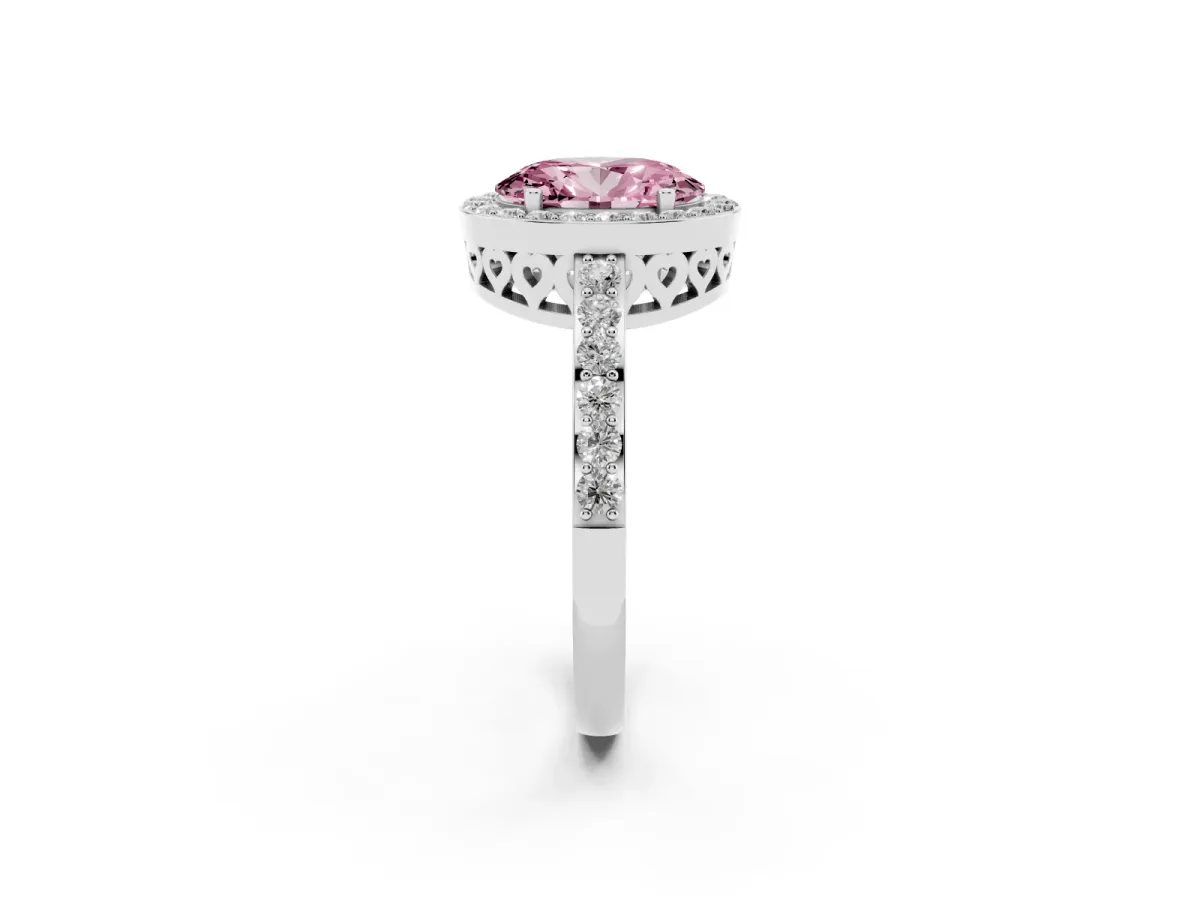 Fancy Pink Oval Cut Halo Diamond Pavé Band Ring with Prong Setting Silver