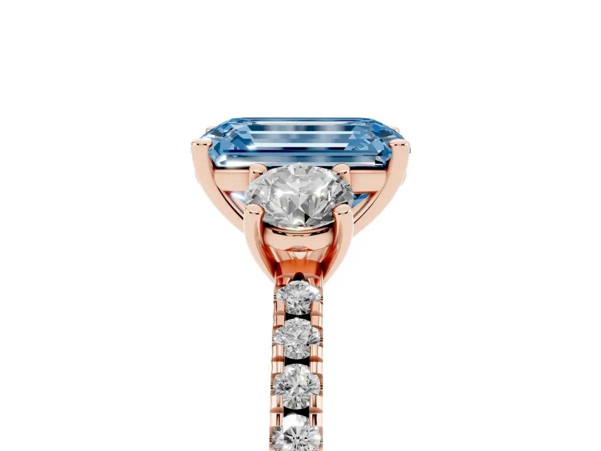Fancy Blue Three-Stone Emerald Cut Cut Diamond Pavé Band with Prong Setting Rose gold